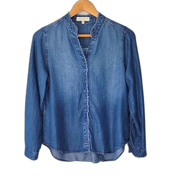 SIDE STITCH Blue 100% Lyocell Button-Up Long Sleeve Fringe Shirt size XS - Picture 1 of 11